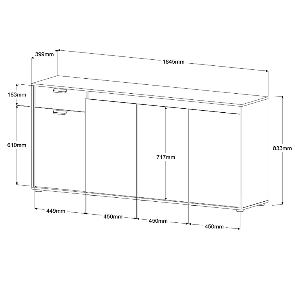 ENFILADE GABRIEL 4PORTES + 1TIROIR CH BROOK / BETON : L185 x H83 x P40