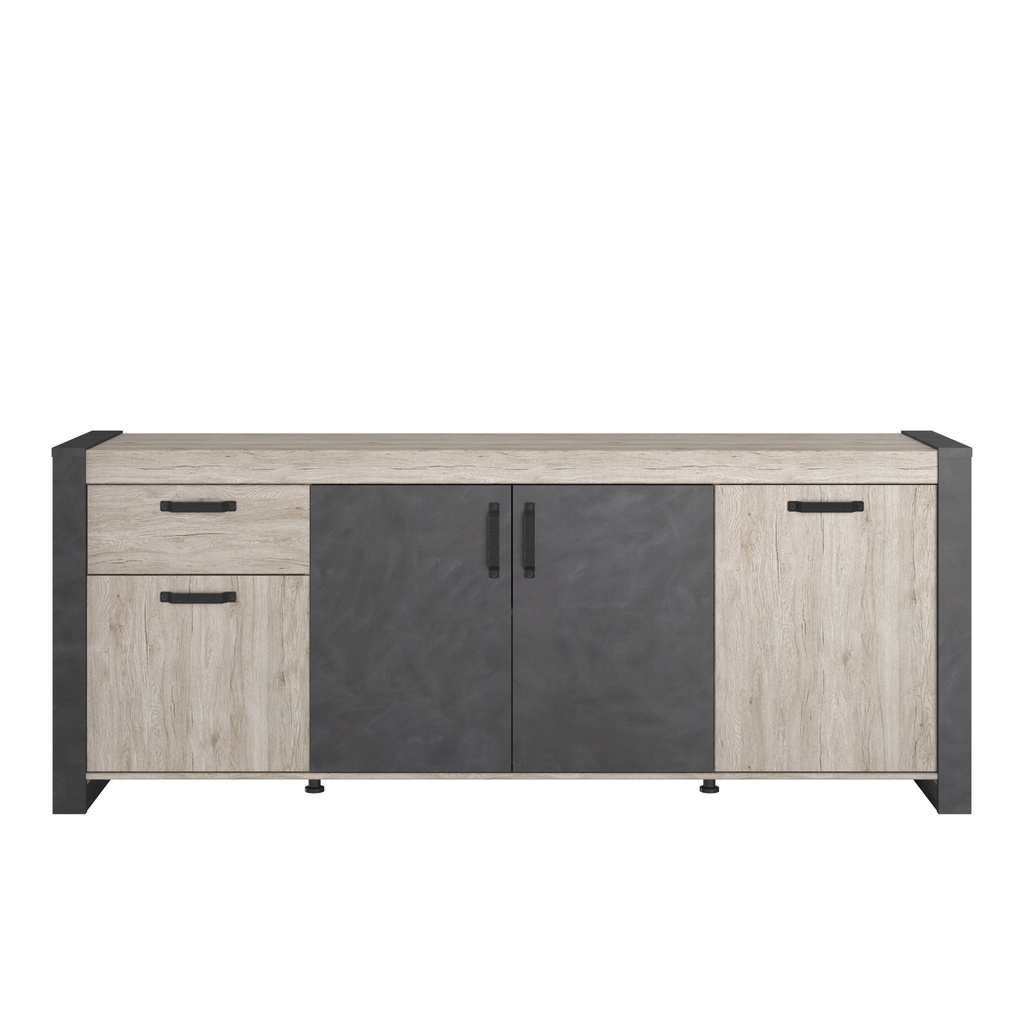 ENFILADE JULES 4PORTES + 1TIROIR CH. PORTOFINO GRIS / STEAM BLACK : L. : 218 cm - H. : 87 cm