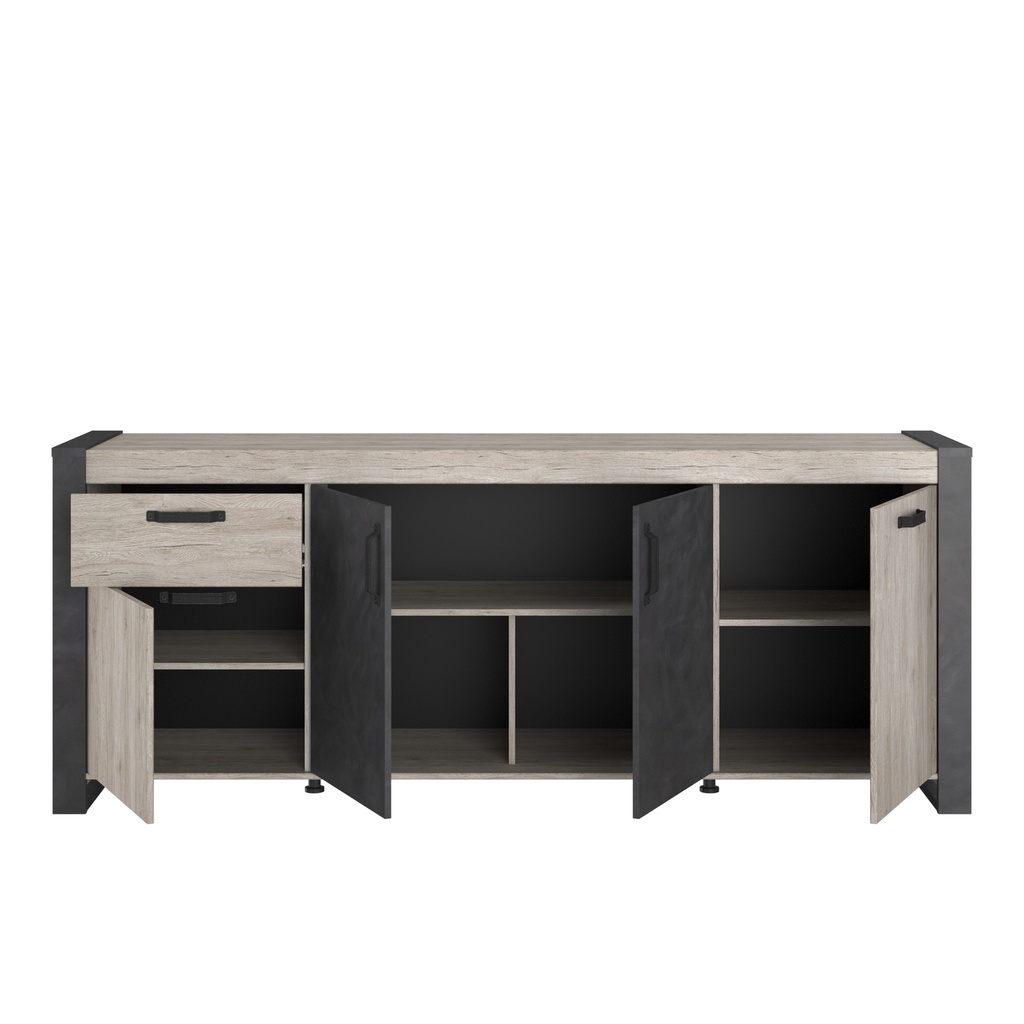 ENFILADE JULES 4PORTES + 1TIROIR CH. PORTOFINO GRIS / STEAM BLACK : L. : 218 cm - H. : 87 cm