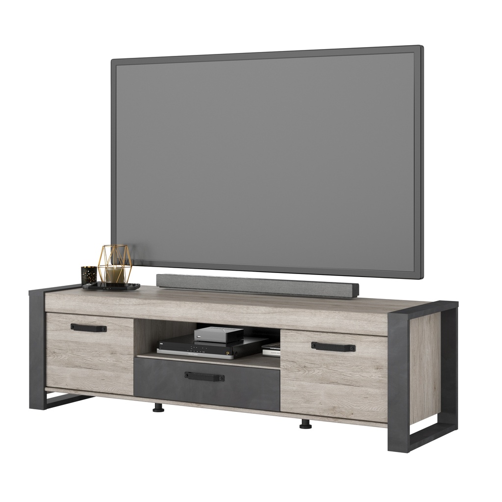 MEUBLE TV JULES CH.PORTOFINO GRIS / STEAM BLACK : : L. : 180 cm - H. :49 cm