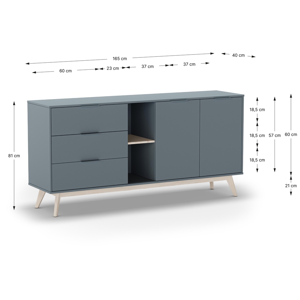 BUFFET PISCO 2P2N3T VERT KAKI 444C/CIRE BLANC 165X40X81 PIN VERT KAKI/CIRE BLANC