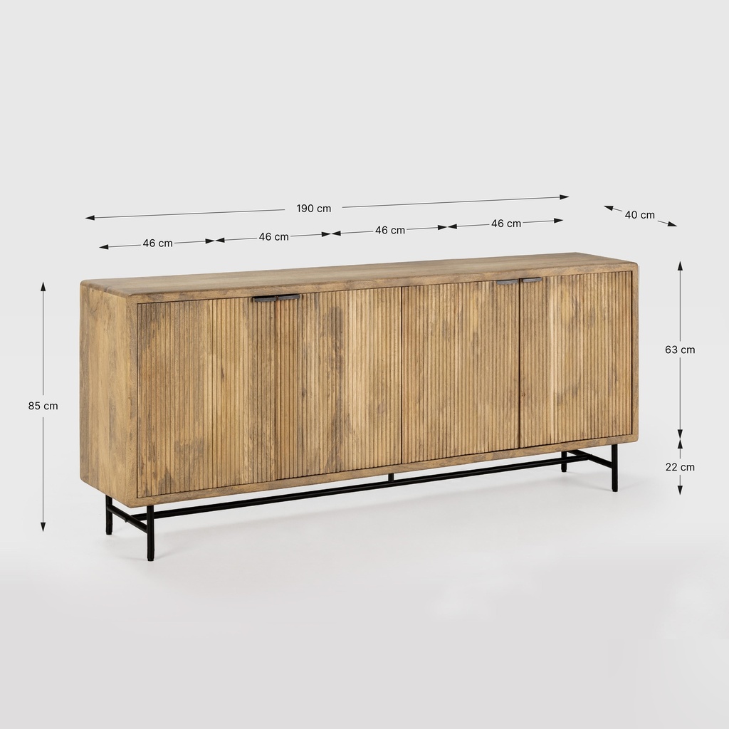 16579 BUFFET MUNDRA 4P 190CM BOIS DE MANGUIER NATUREL,PIEDS METAL 190X40X85