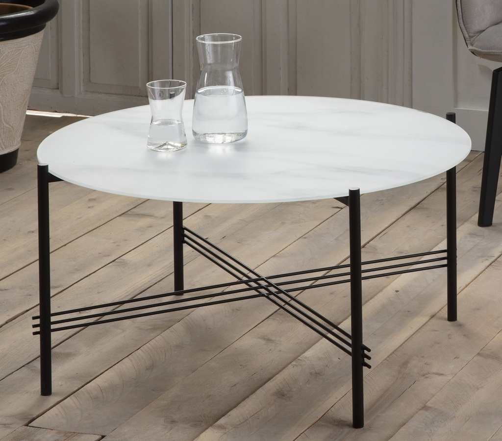 TABLE BASSE KENDALL 84CM VERRE MARBRE BLANC