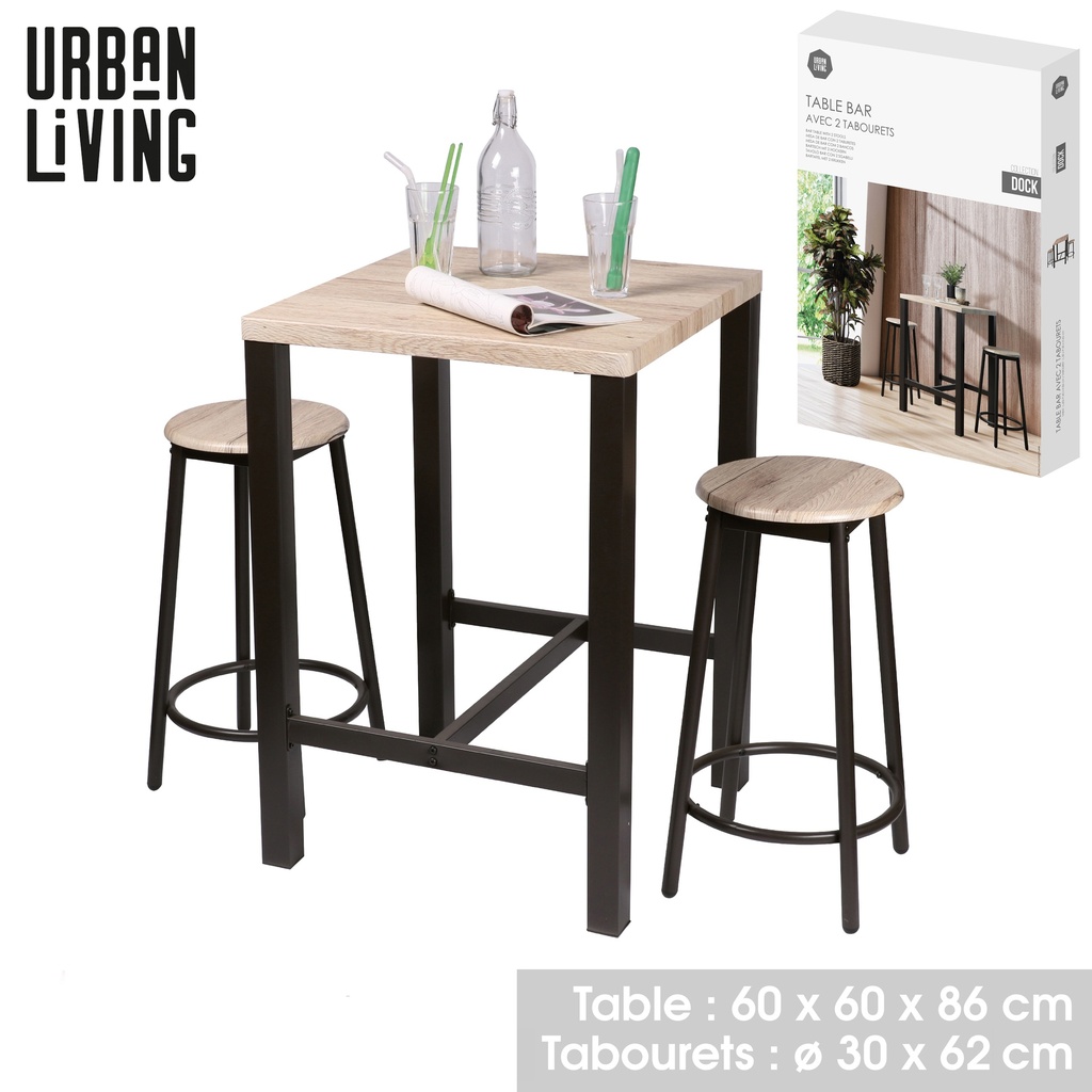 Table bar avec 2 tabourets 60x60x86cm / 30x62cm