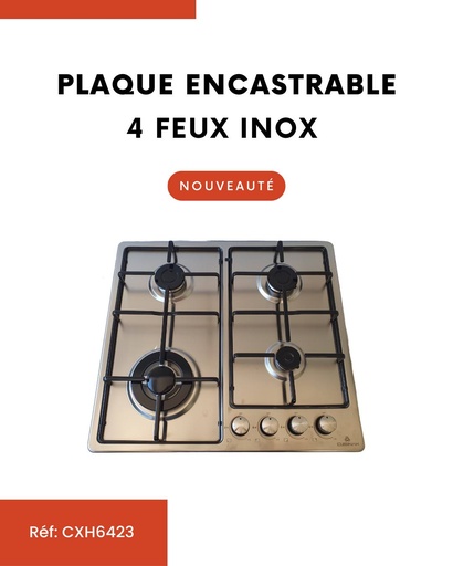 [CXH6423] PLAQUE ENCASTRABLE 4 FEUX GAZ CUISINAM 60CM INOX